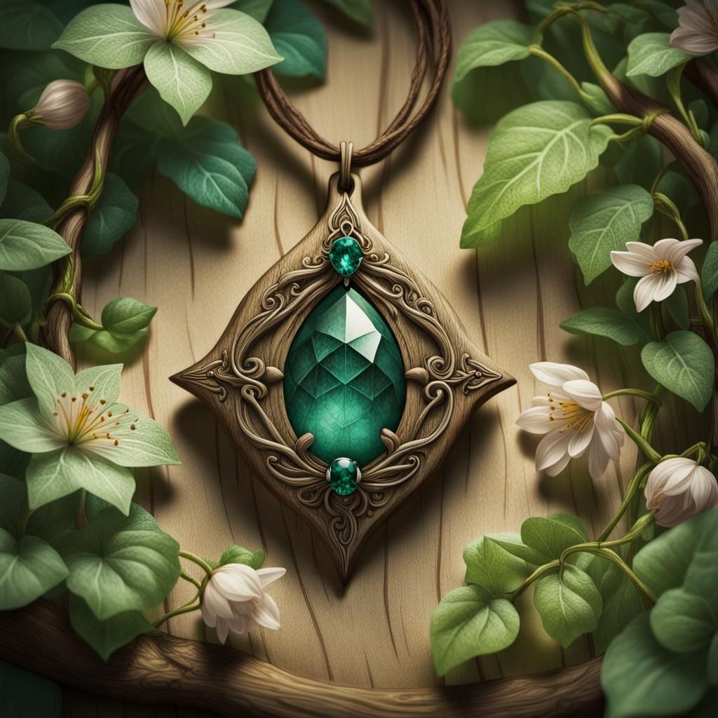 Whimsical Fantasy Illustration of a Glowing Wooden Amulet in...