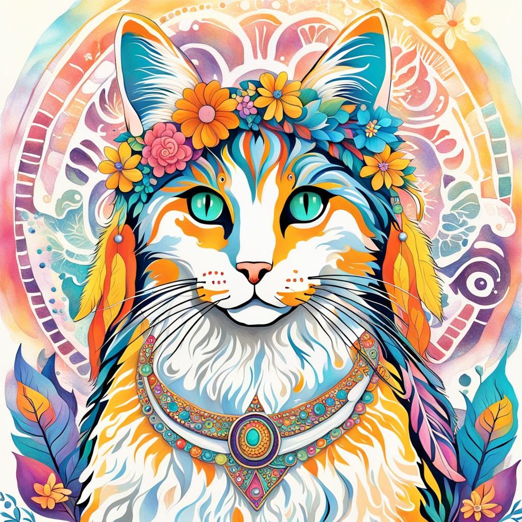 Bohemian Feline: Flower Child in Candyland Art