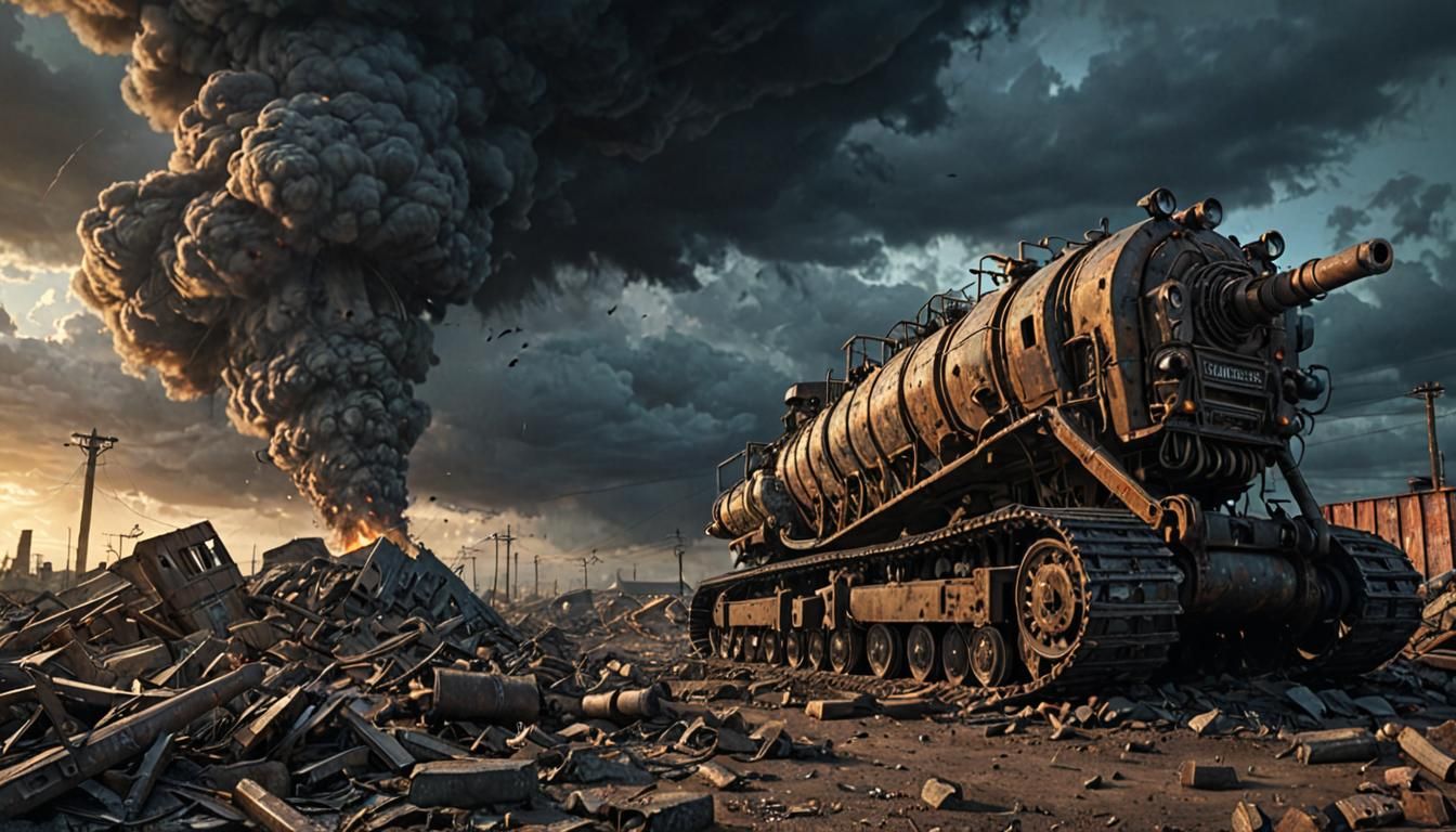 Dieselpunk War Machine in Wasteland at Sunset
