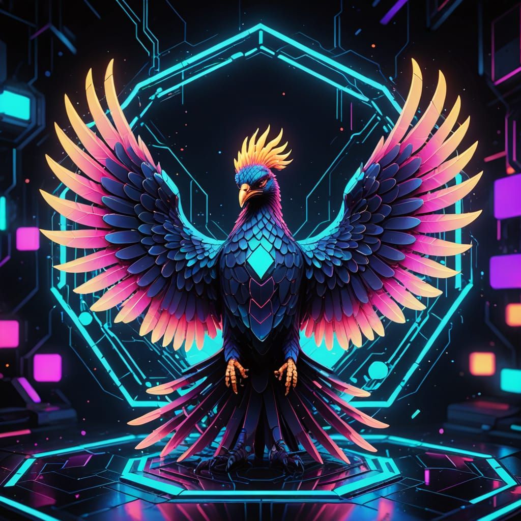 Cyberpunk Phoenix Rises Amidst Geometric Wonder