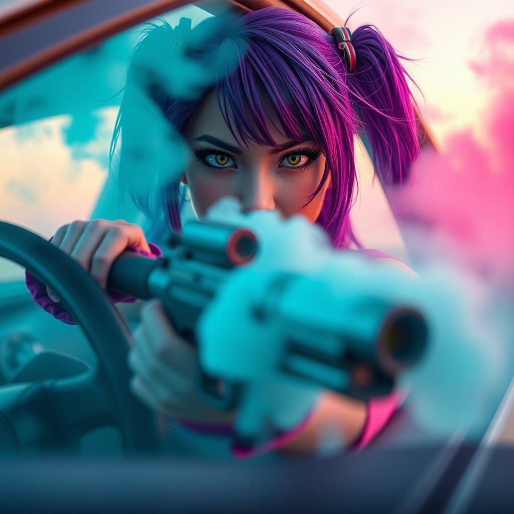 Cosplay Driver in Pastel Cyberpunk Desert