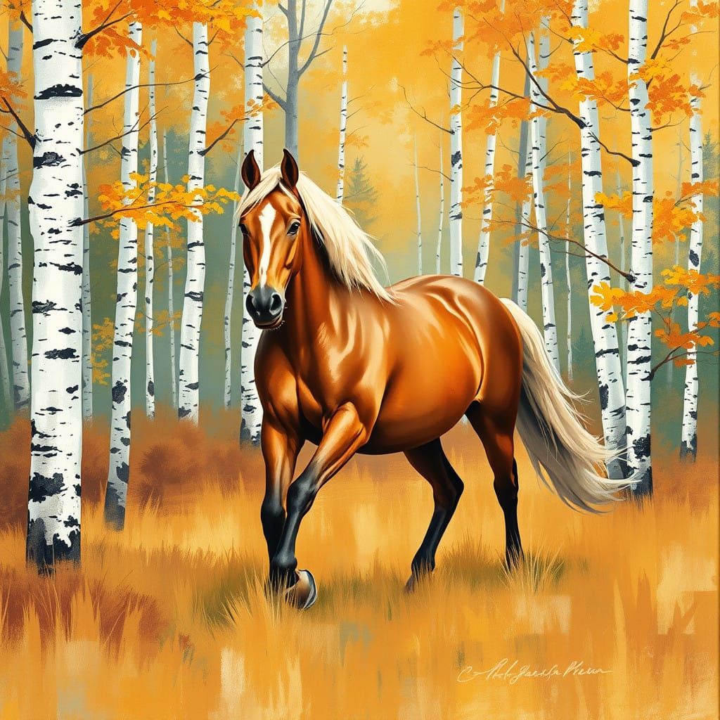 Golden Horse Strolls Through Vibrant Autumn Forest