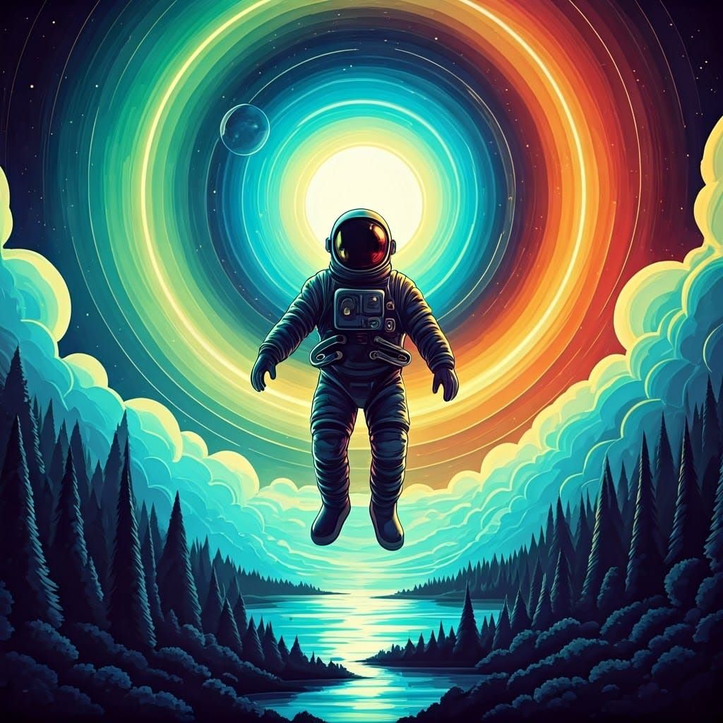 Astronaut in Space with Fluorescent Clouds