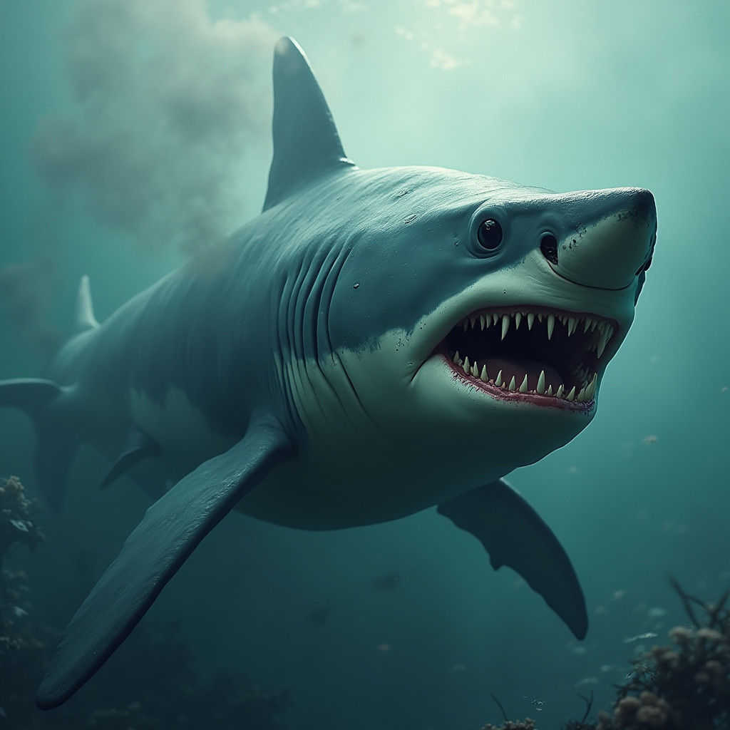 Furious Shark with Billowing Smoke, High-Fantasy Aquatic Art
