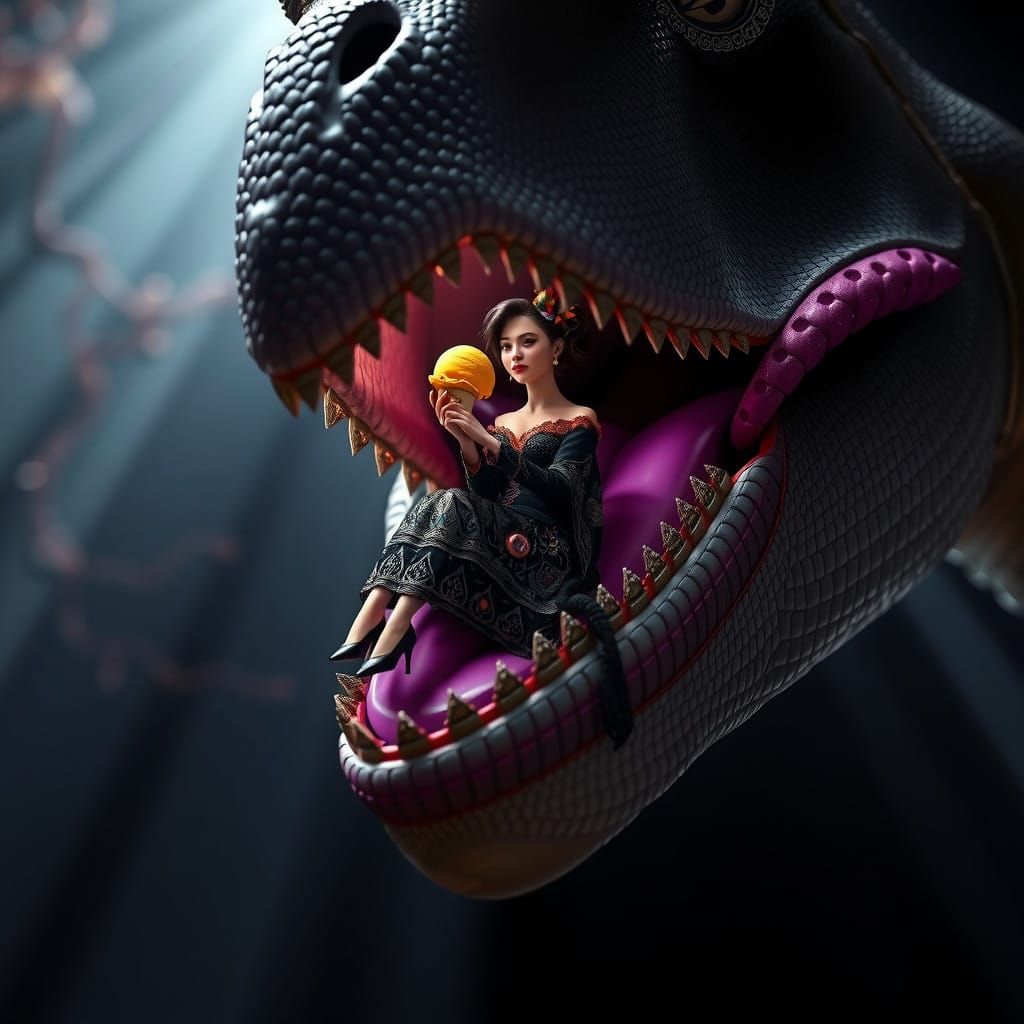 Victorian Dinosaur Ice Cream Scene in Dark Fantasy Style