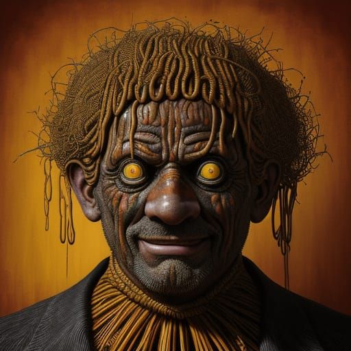 Grotesque Clown on Spaghetti Tightrope in Gravy Pool