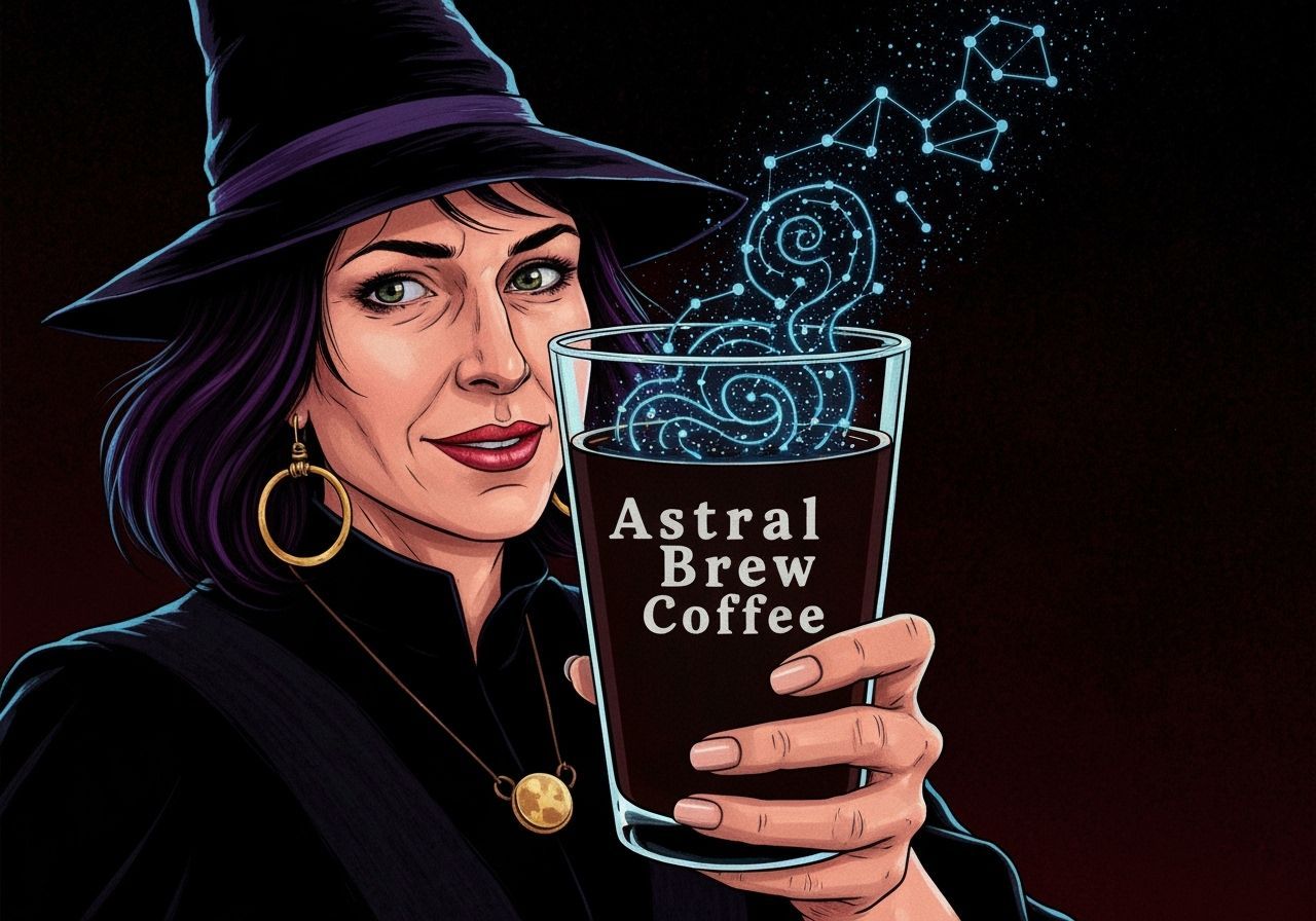 Witch Holds "Astral Brew Coffee" Glass with Swirling Constel...