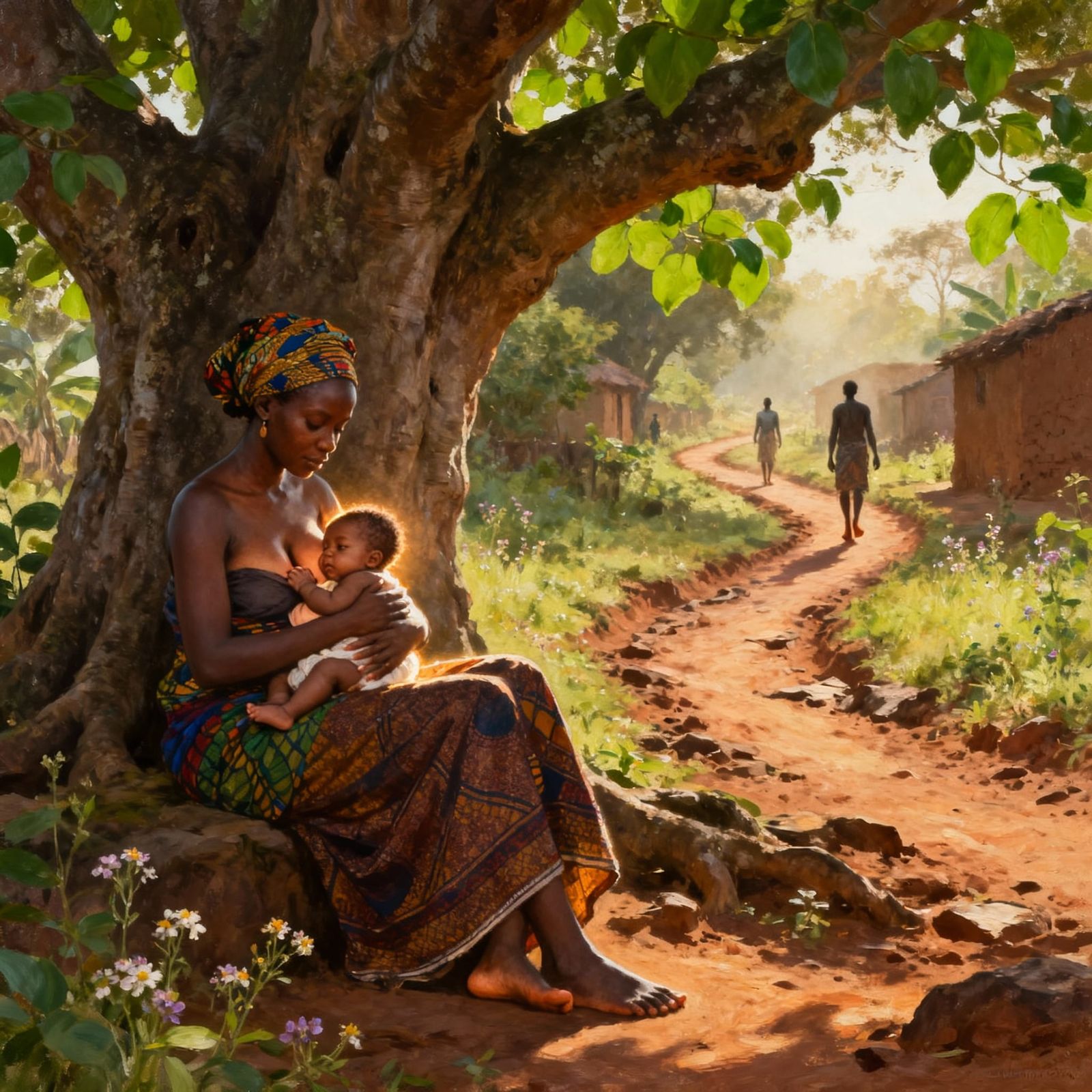 African Mother's Maternal Bond Under Ancient Tree