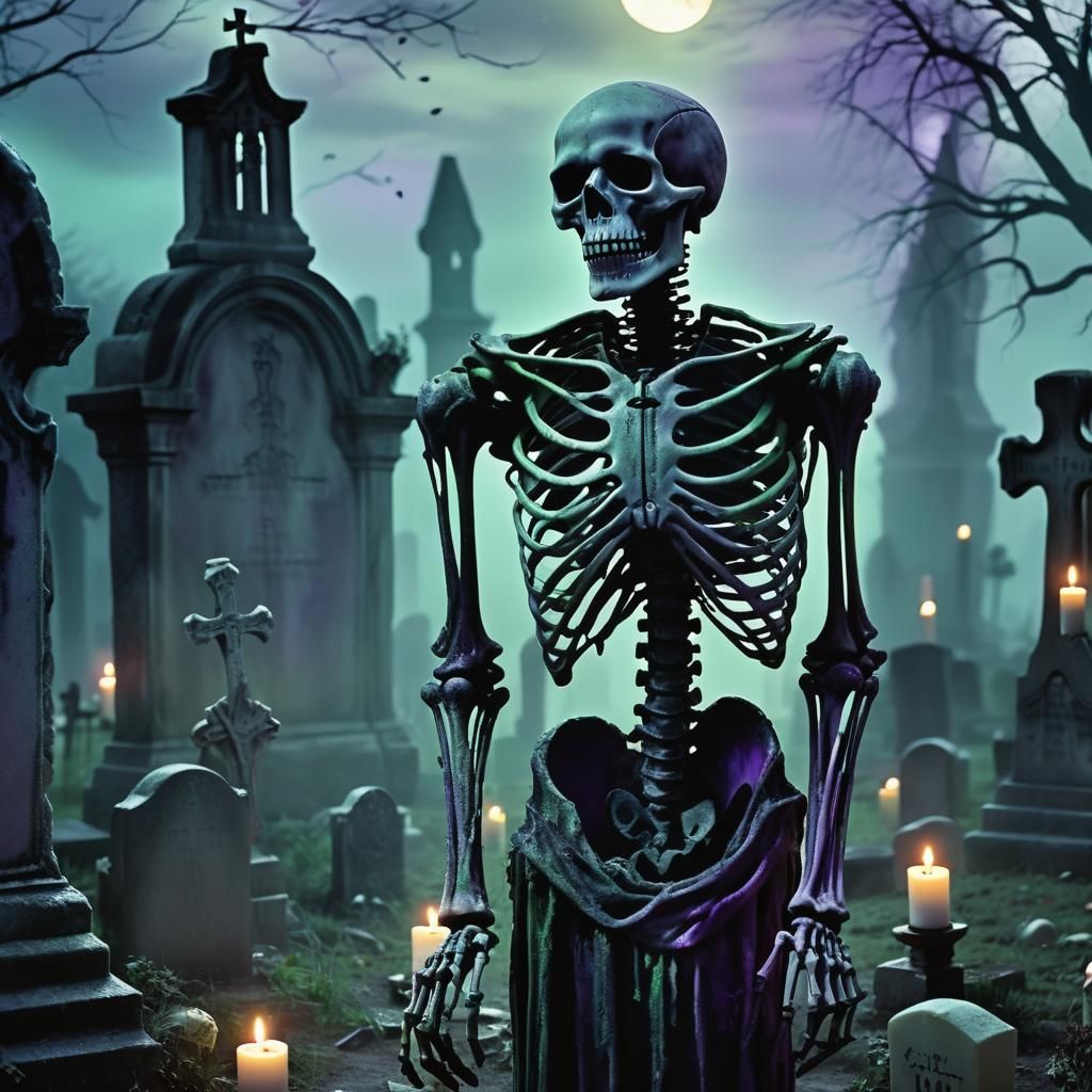 Haunted Skeleton in Gothic Cemetery, Horror Aesthetic