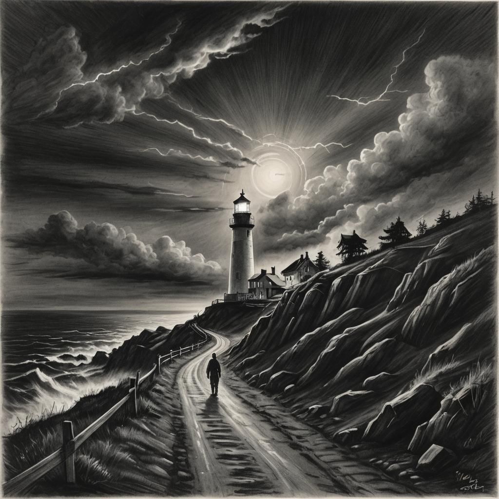 Charcoal Lighthouse in Stormy Night