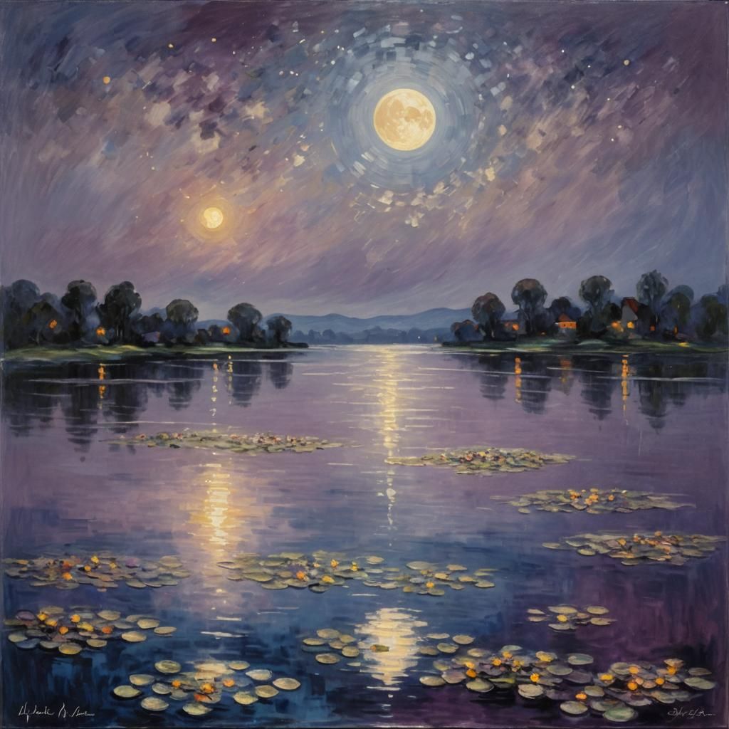 Impressionist Moons Reflect on Serene Lake