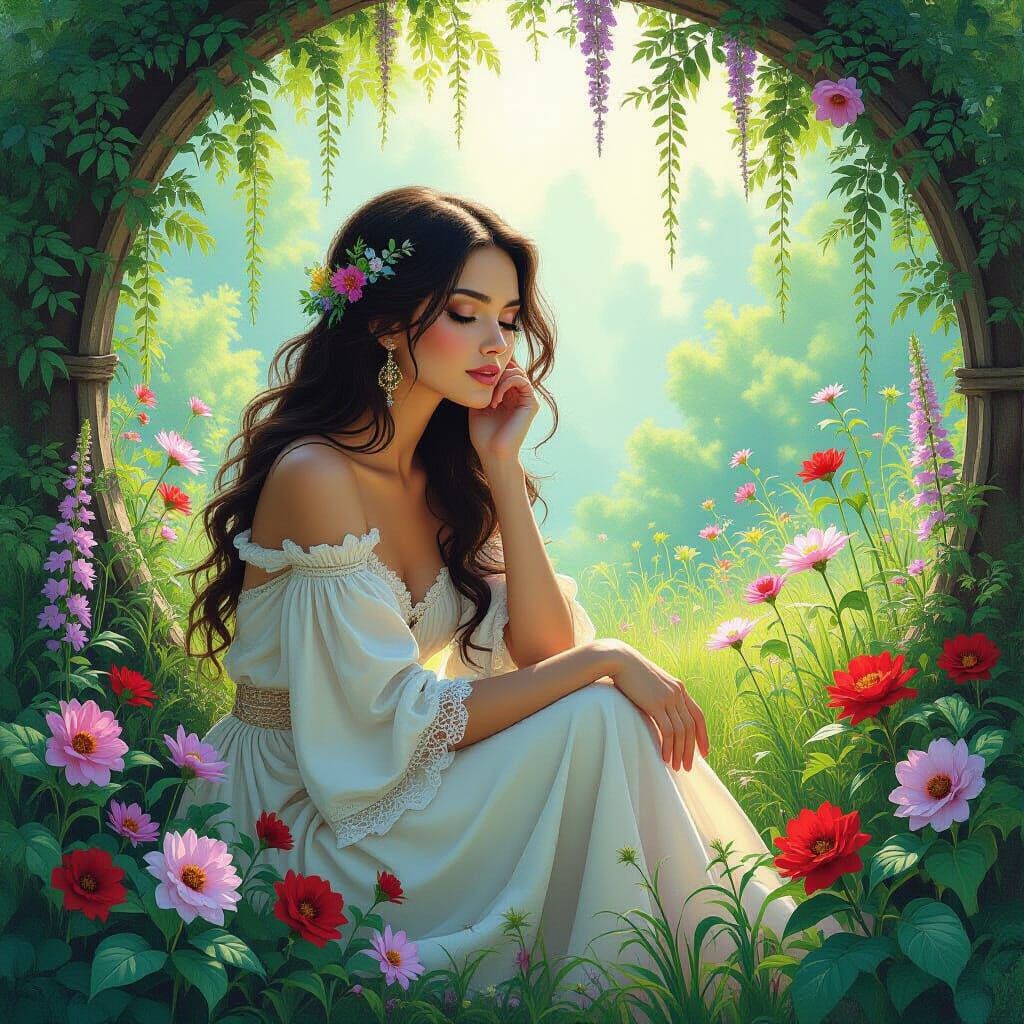 Whimsical Woman in Mystical Garden Art