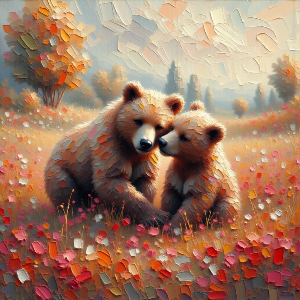 Brown Bear Cubs Playing: Impasto Style