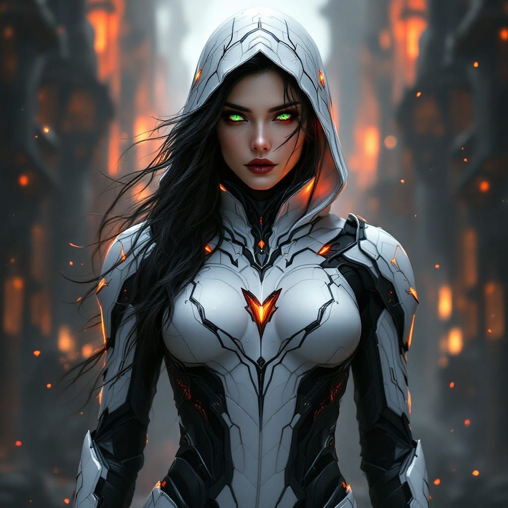 Elegant Goth Demon Hunter Lady with Cyberpunk Exosuit and Du...