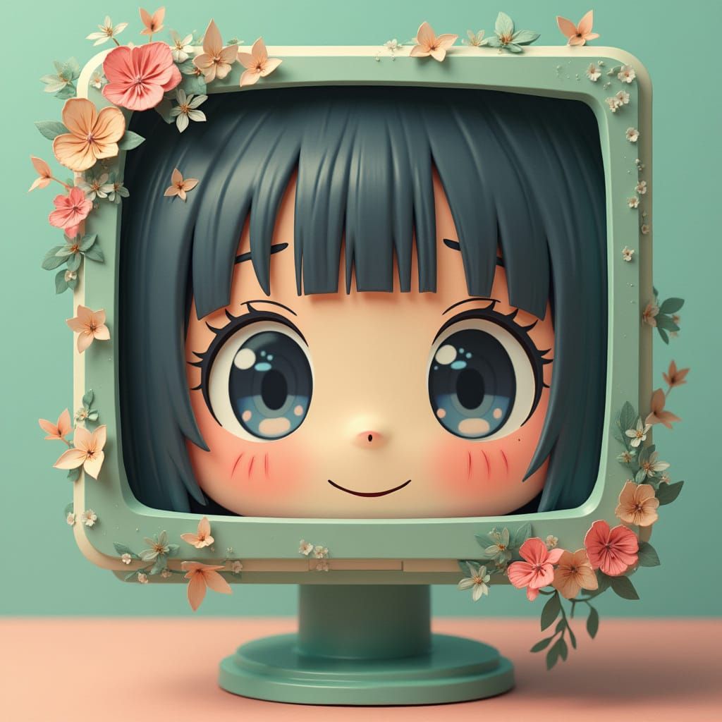 Whimsical Anime Girl Peeks from Vintage Computer Monitor