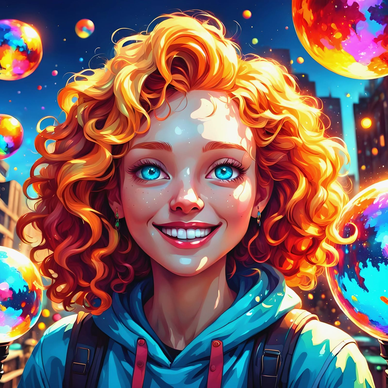 Girl in Wonder at Vibrant Iridescent Light Globes