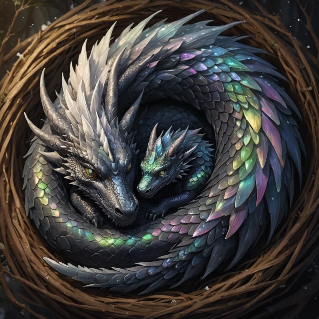 Black Dragon Protecting Baby, Iridescent Scales