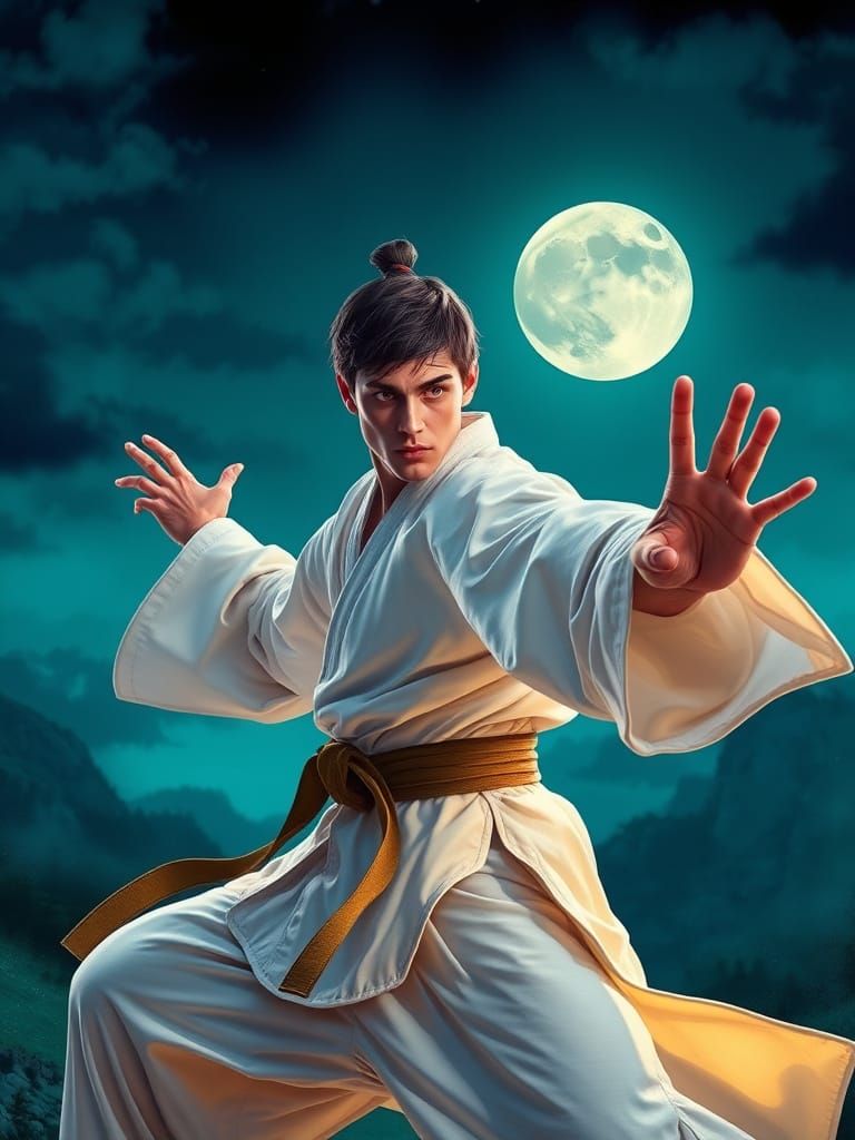 Martial Artist Under Full Moon in Vibrant Style