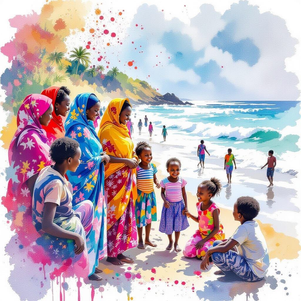 Kenyan Women and Children by Ocean Shoreline