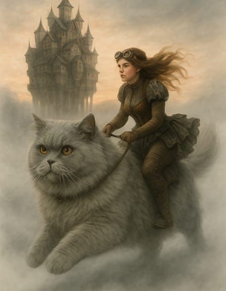 Steampunk Cat Rider in Dawn Fog