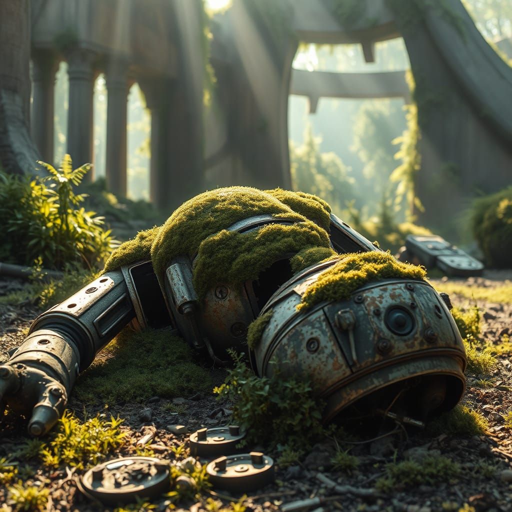 Rusted Robot in Post-Apocalyptic Ruins