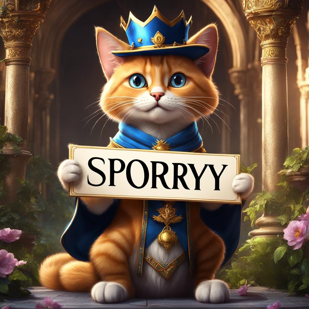 Princess Cat Holds a 'Sorry' Sign: Fantasy Art