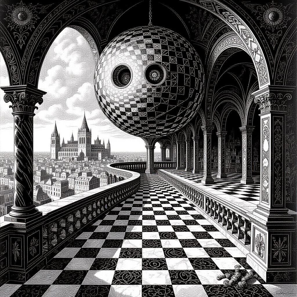 Detailed Crosshatch Etching in Magical Realism Style