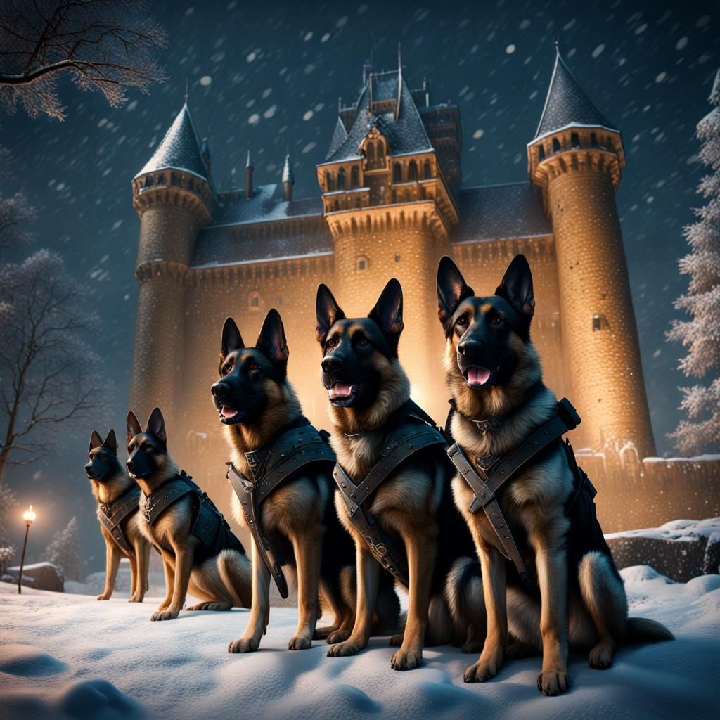 German Shepherds Guarding Castle in Snowy Night
