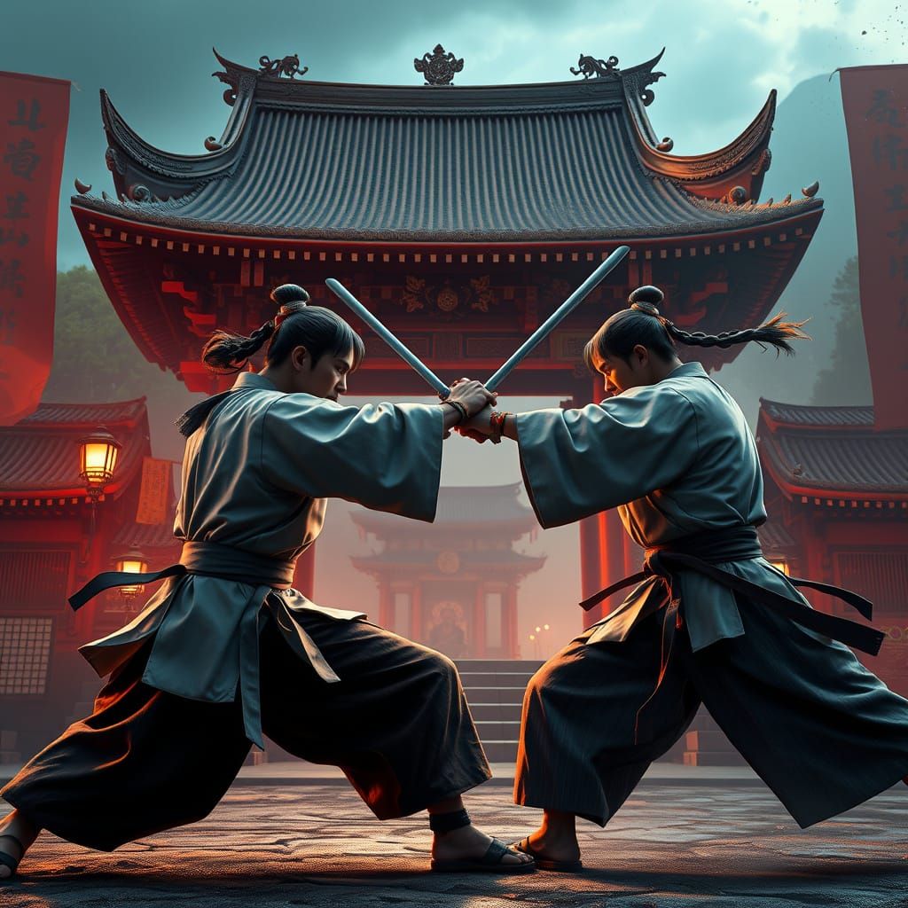 Karate Fight Scene in Ancient Japan as Digital Art