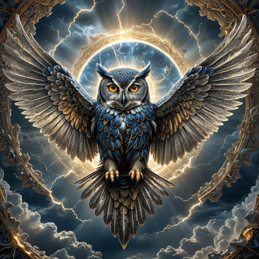 Radiant Owls Battle in Fractal Stargate Storm