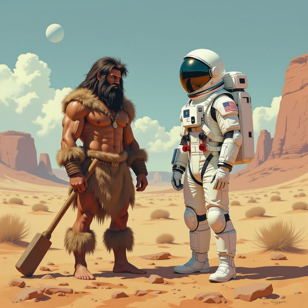 Caveman Meets Astronaut in Prehistoric Landscape