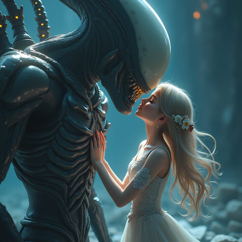 Girl Kisses Xenomorph in Cyberpunk Anime Style