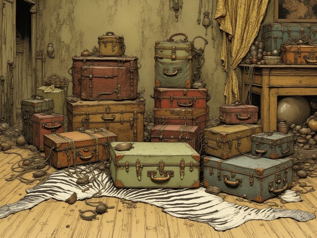 19th Century Luggage Still Life in Arthur Rackham Style