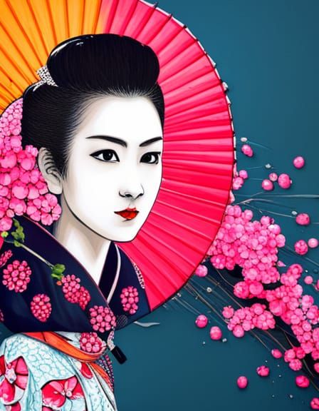 Geisha in Kyoto with Sakura, Pop Art Style