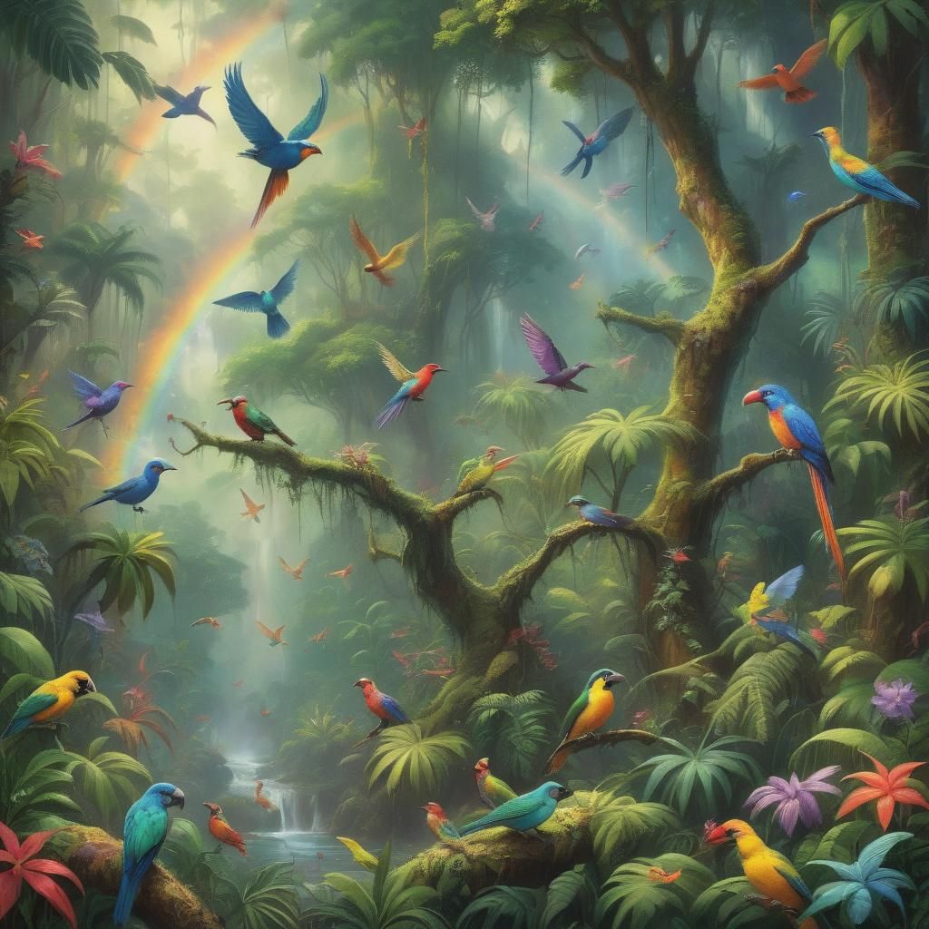 Lush Rainforest Scene with Rainbow Birds: Fantasy Illustrati...
