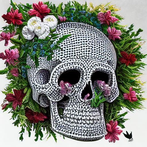 Crocheted Skull Among Spring Flowers in 3D Anime Style