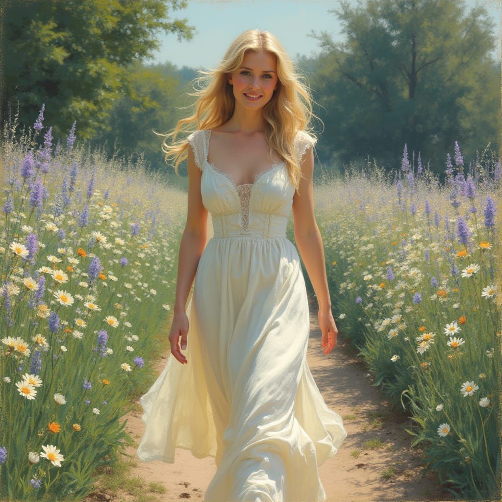 Blonde Woman Strolls Through Impressionist Garden
