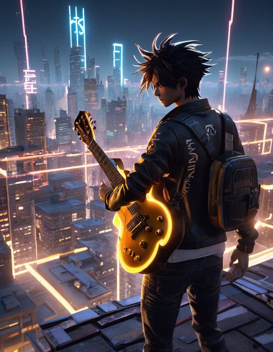 Musician Plays Guitar on Rooftop at Night