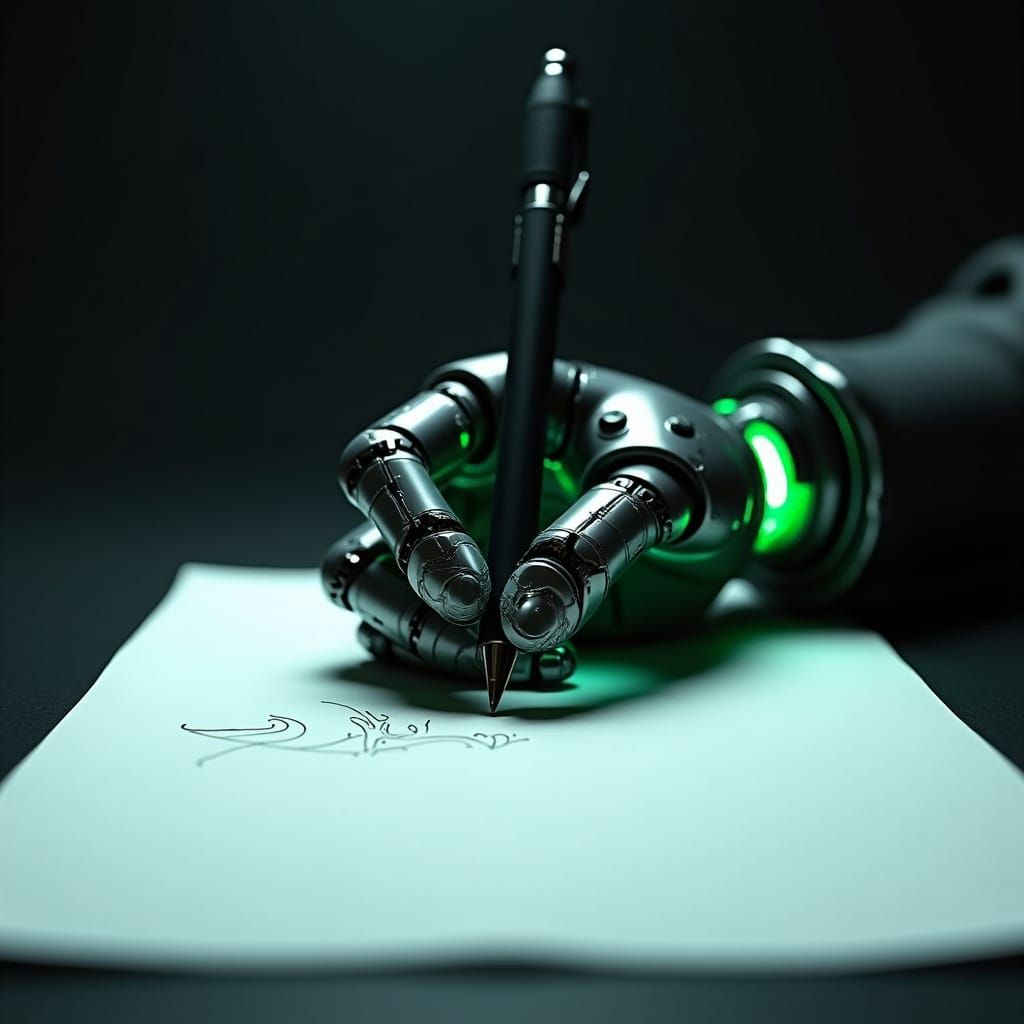 Robotic Hand Writes with Green Circuits in Futuristic Style