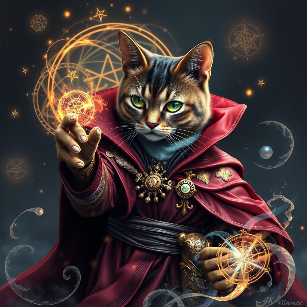Feline Sorcerer Weaves Mystical Magic in a Glimmering, Golde...