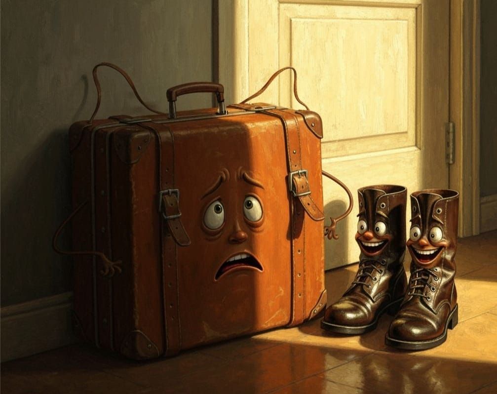 Anticipation in a Sunlit Hallway: A Suitcase and Boots