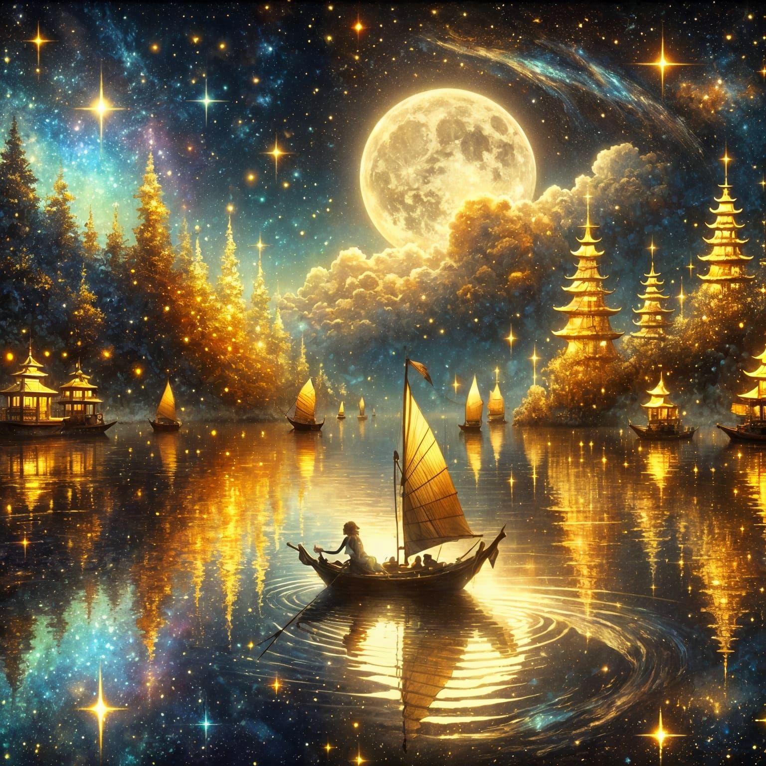 Dreamlike Golden Castles Reflect in Starry Pond