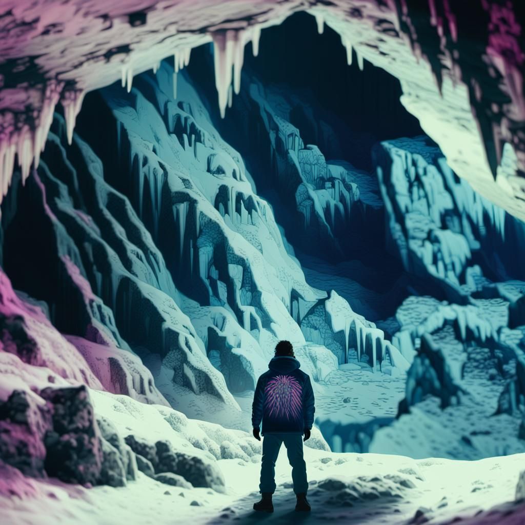 Neon Hiker in Winter Canyon Cave