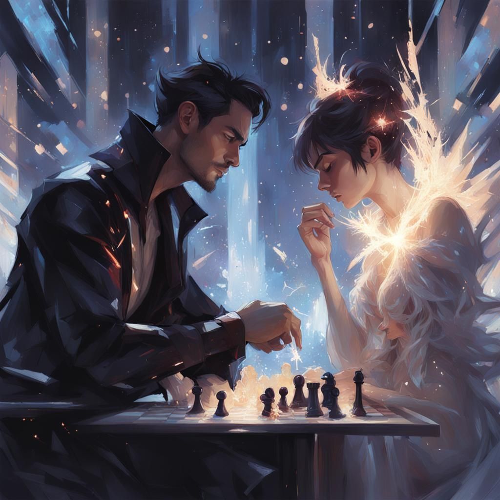 Angel and Devil Play Chess: Intricate Illustration