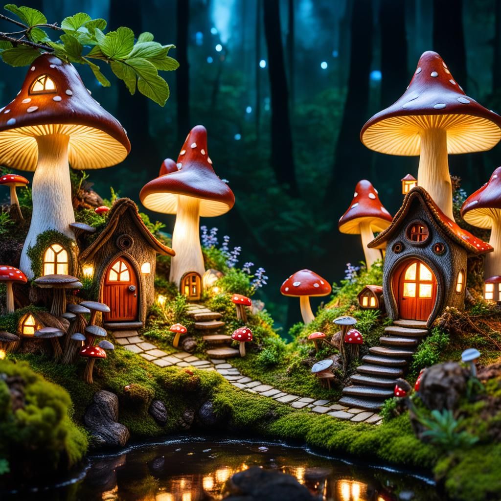 Photorealistic Fairy Village with Mushroom Houses