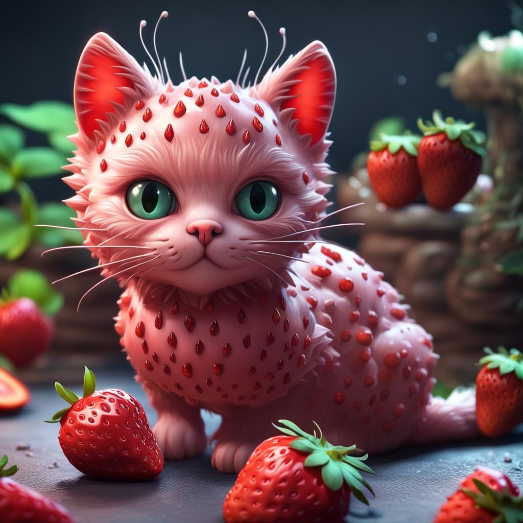 Cute Strawberry Cat in Detailed Matte Painting