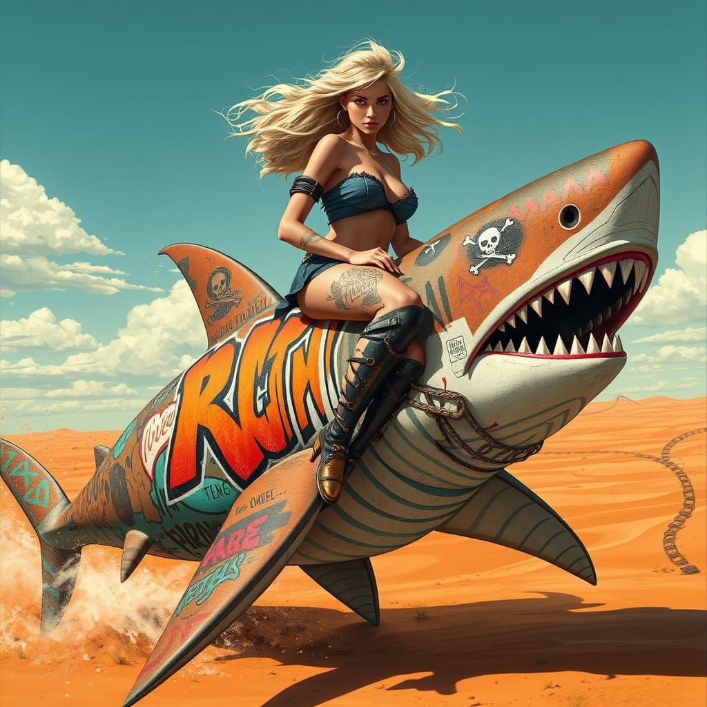 Woman Rides Graffiti Shark on Sunburnt Horizon