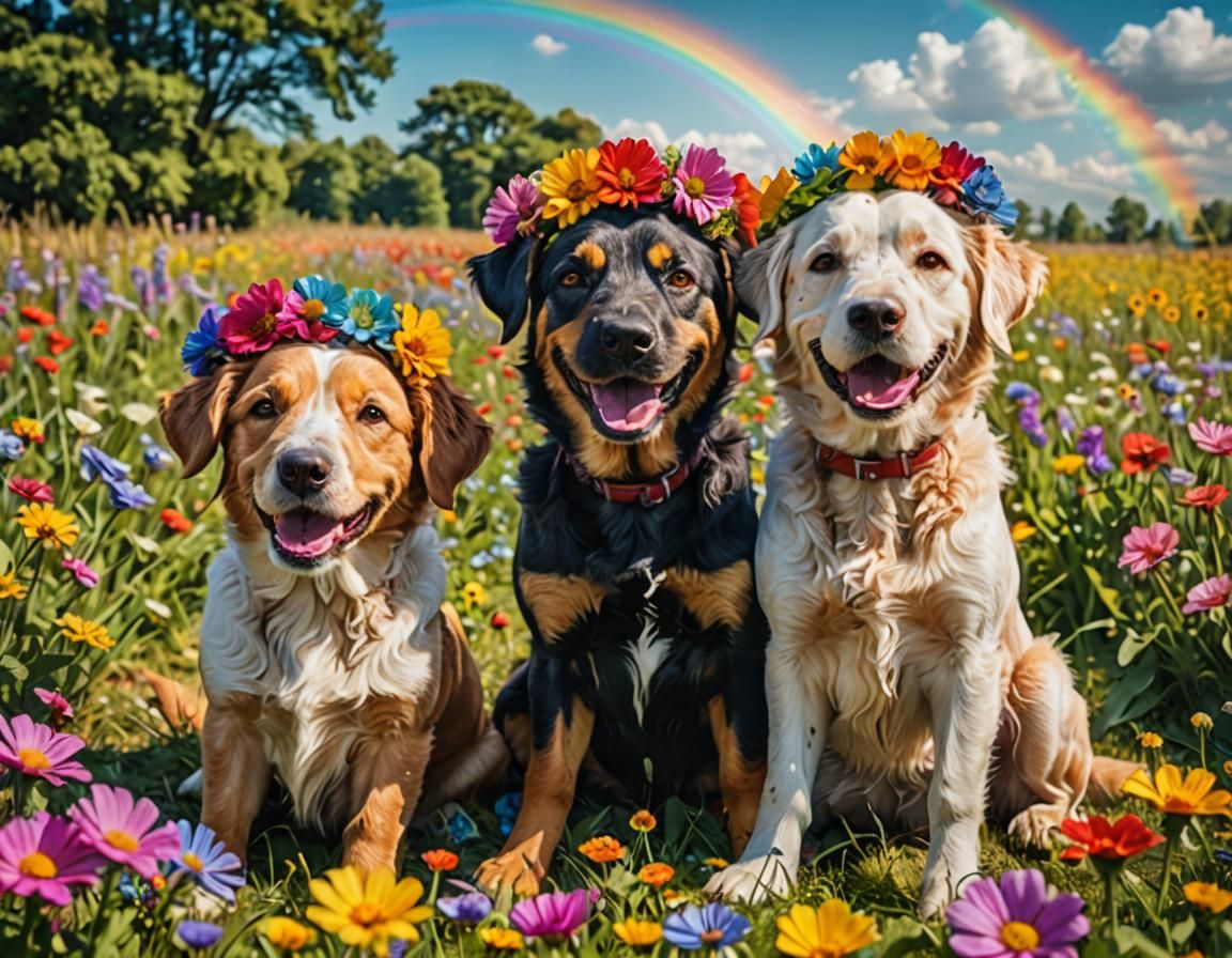 Happy Dogs in Flower Field with Rainbow