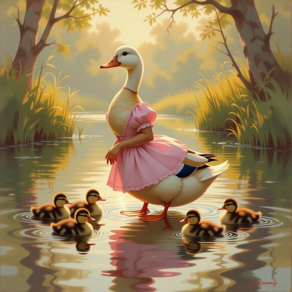 Mother Duck in Pink Dress Leads Ducklings in Oil Painting