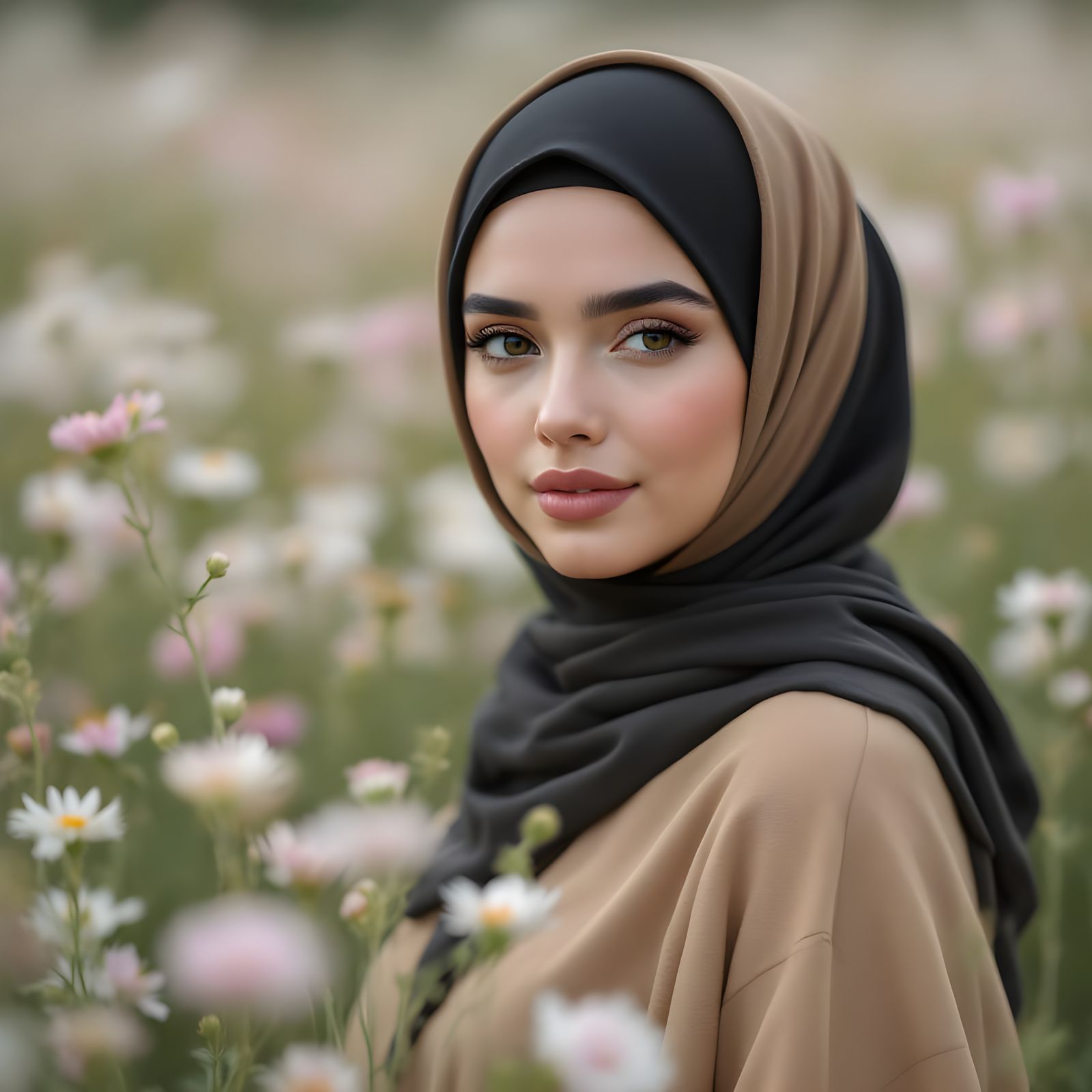 Beautiful Hijabi Woman in Floral Field, Studio Portrait